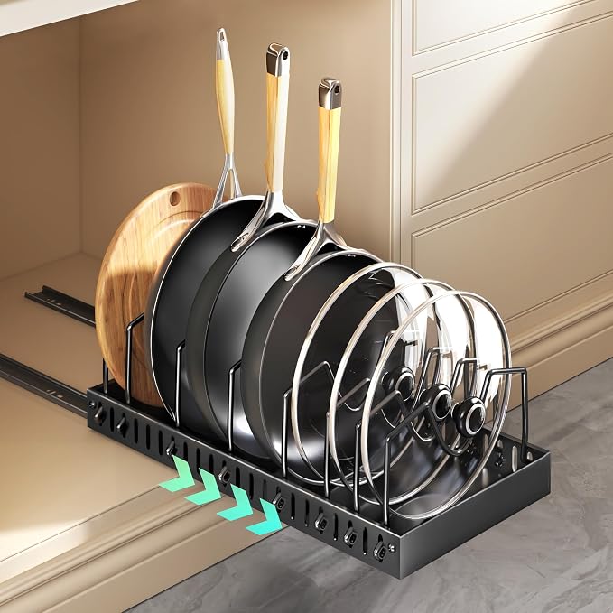 Pull Out Pots and Pans Organizer Under Cabinet, Sliding Lid Holder and Pan Rack by Lozovincablemanagementtray