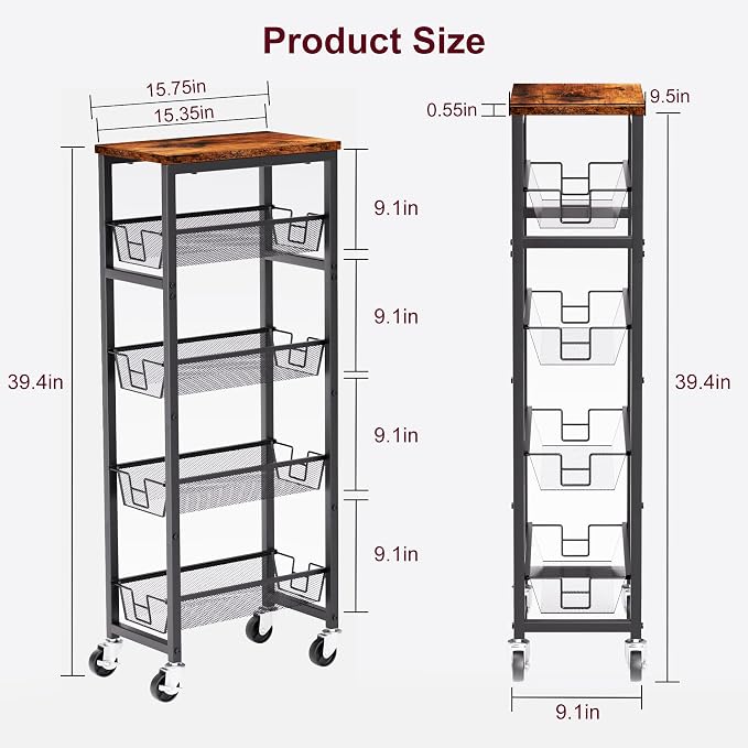 Slim Rolling Cart, 5-Tier Storage Cart, 9.1inch Narrow Kitchen Rolling Cart on - Image 4