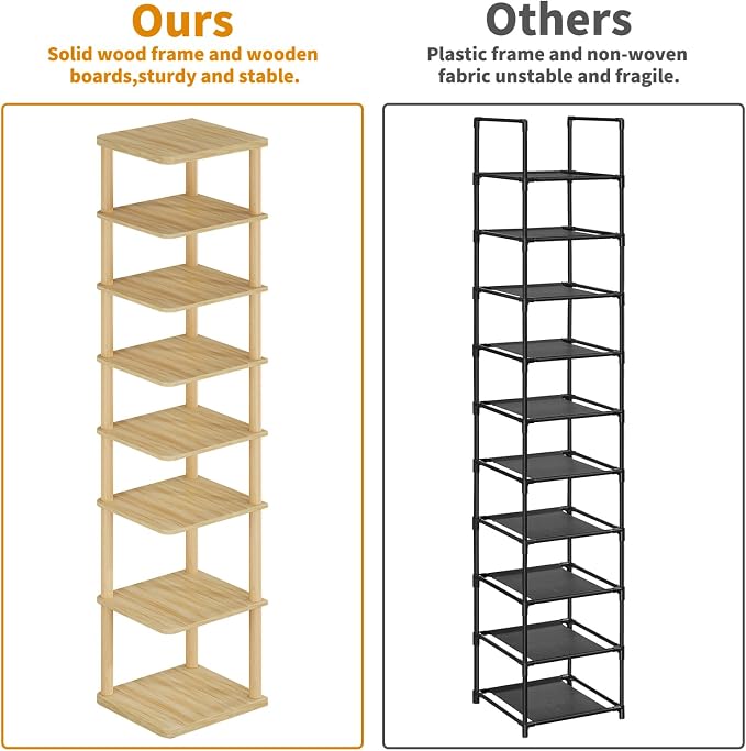8 Tiers Vertical Shoe Rack Tall Narrow Shoe Tower Corner Shoe Rack, Natural | - Image 8