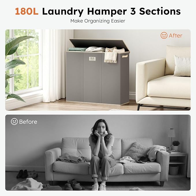SOLEDI 180L 3-Section Laundry Hamper - Image 7