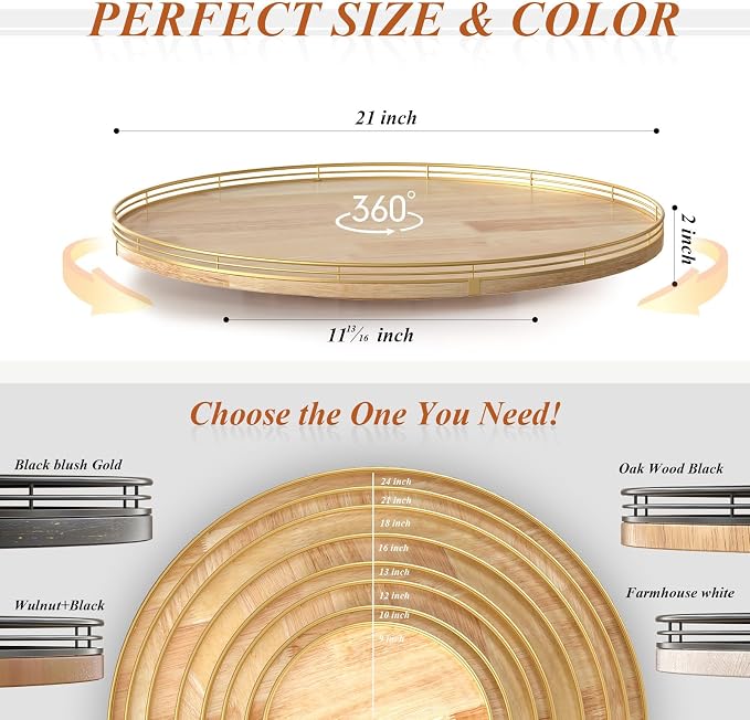 21-Inch Wooden Lazy Susan Turntable – Premium Oak & Iron, Extra Large Rotating - Image 6