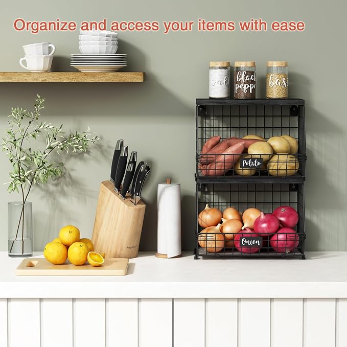 Goozii Black Kitchen Wall Hanging Storage Basket Set of 2, Rustic Stackable - Image 2