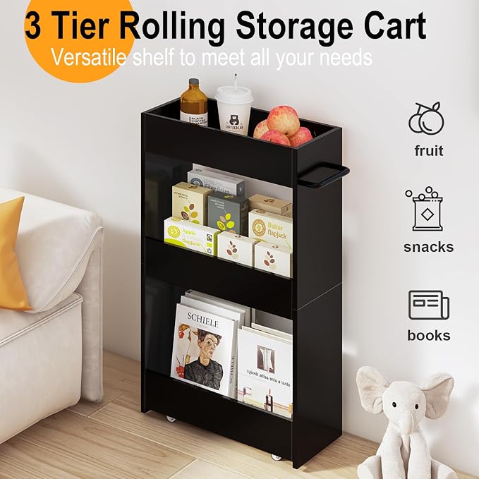 MARTY Wood Rolling Storage Cart 7.9" W, 3 Tier Slim Utility Kitchen Cart on - Image 5