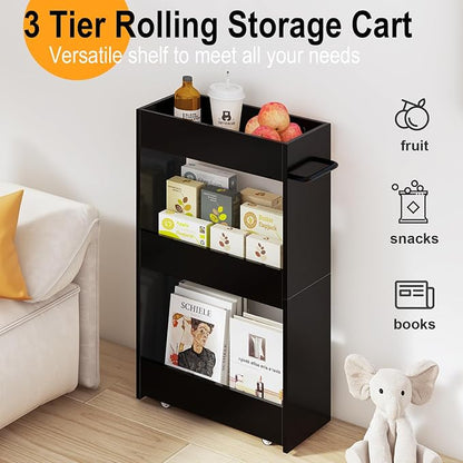 MARTY Wood Rolling Storage Cart 7.9" W, 3 Tier Slim Utility Kitchen Cart on - Image 5