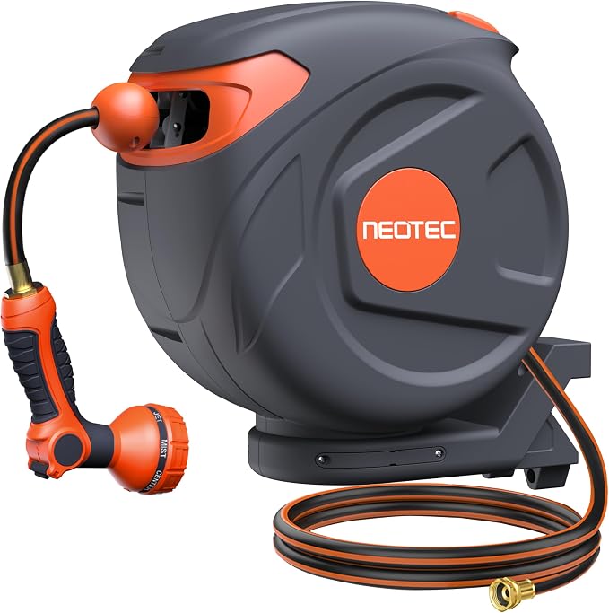 Retractable Garden Water Hose 82ft 1/2 inch, Wall Mounted Hose Reel by NEO-TEC