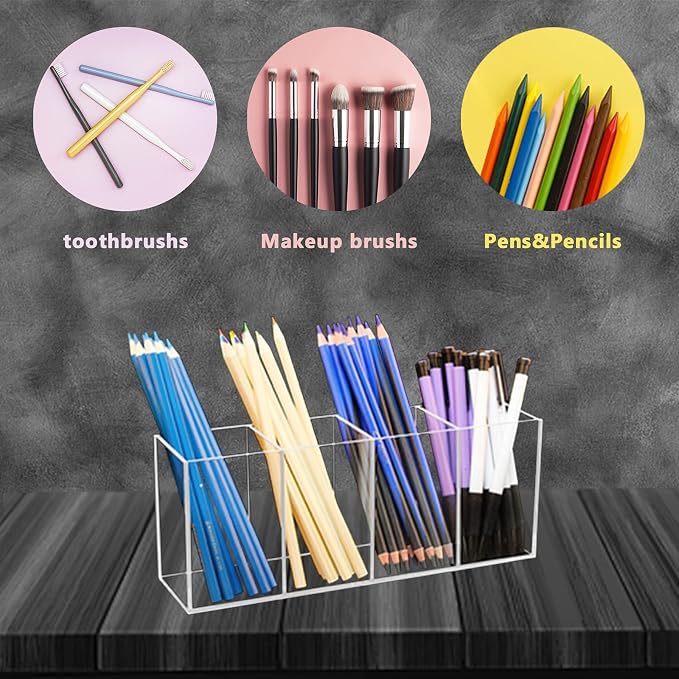 QPEY Acrylic Pen Holder 4 Compartments, Cosmetic Brush Storage Box - Image 4