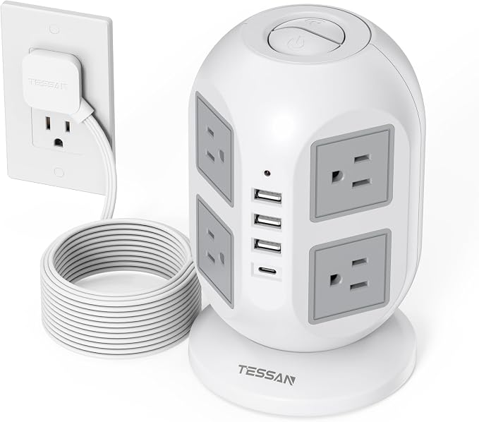 TESSAN Tower Surge Protector Power Strip 10 ft, Long Flat Extension Cord by TESSAN
