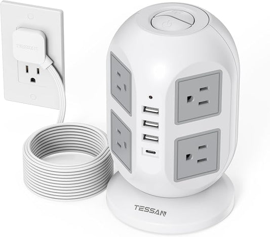 TESSAN Tower Surge Protector Power Strip 10 ft, Long Flat Extension Cord by TESSAN