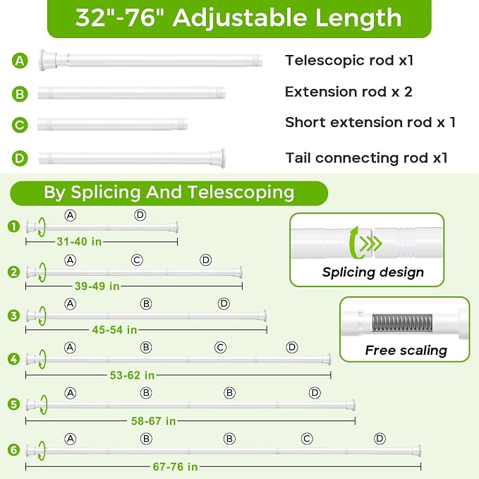 White Shower Curtain Rod 32 to 76 Inches Adjustable, 7/8 Inch Diameter Heavy - Image 7
