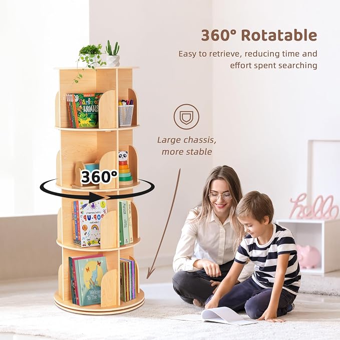 OOOK 4-Tier Rotating Bookshelf Tower, 360°Display Wooden Spinning Bookcase | - Image 6