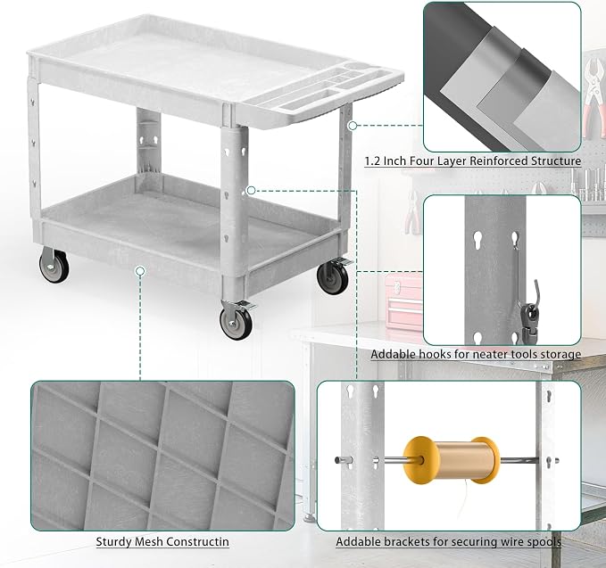 Heavy Duty Utility Rolling Tool Cart, 550 lbs Capacity Plastic Rolling Carts - Image 3