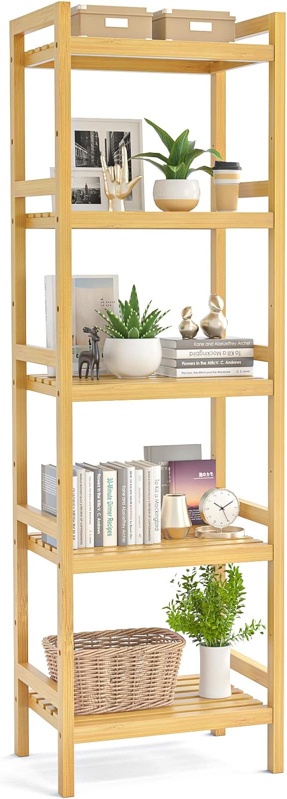 Homykic Bamboo Bookshelf, 5-Tier Narrow 55.9” Adjustable Book Shelf Bookcase by Homykic