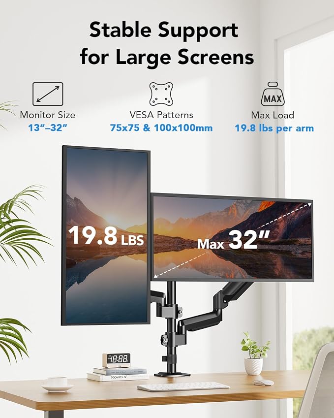 HUANUO Dual Monitor Mount up to 32 inches Screens, Taller Monitor Stand Hold - Image 2