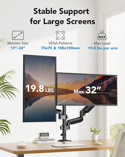 HUANUO Dual Monitor Mount up to 32 inches Screens, Taller Monitor Stand Hold - Image 2