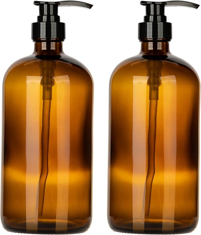 32 Ounce Glass Pump Dispenser Bottle, Large Amber Container by KITCHENTOOLZ