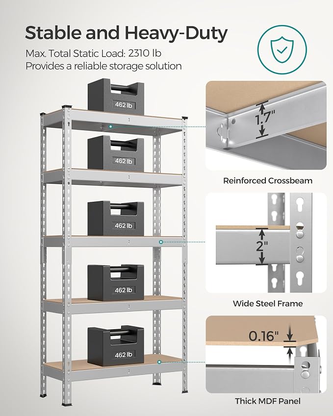 SONGMICS 5-Tier Storage Shelves, Load 2310 lb, Garage Storage, Boltless Assembly - Image 4