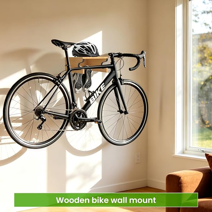 Wooden Bike Wall Mount w/Shelf & Hooks, Road Bike Storage Decor | Solid Wood - Image 2