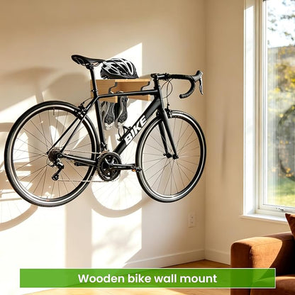 Wooden Bike Wall Mount w/Shelf & Hooks, Road Bike Storage Decor | Solid Wood - Image 2