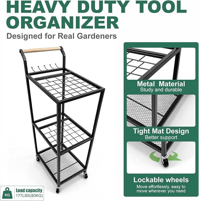 Garden Tool Organizer with Wheels 3 Tier Yard Tool Organizer Rack with Side - Image 5