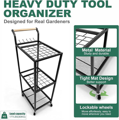 Garden Tool Organizer with Wheels 3 Tier Yard Tool Organizer Rack with Side - Image 5