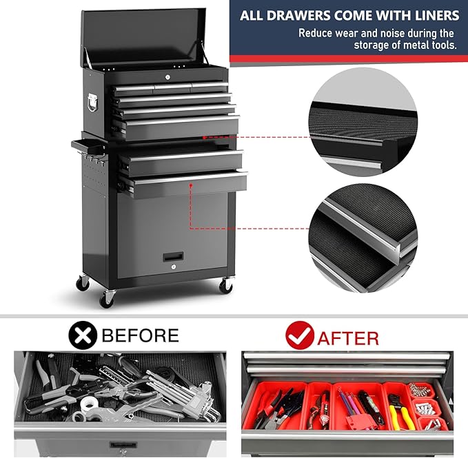 8-Drawer Tool Chest with Wheels, Detachable Top Tool Box, Tool Cabinet with - Image 4