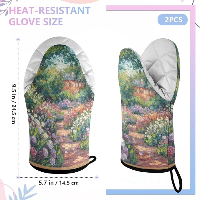 Heat Resistant Oven Mitts, Spring Garden Flowers Scene Kitchen Gloves - Image 3