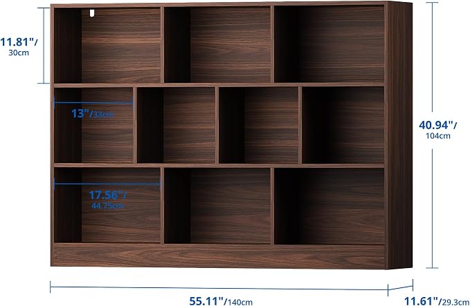 Cozy Castle Brown Bookshelf, 3-Tier Open Shelf Bookcase, 10 Cube Storage - Image 2