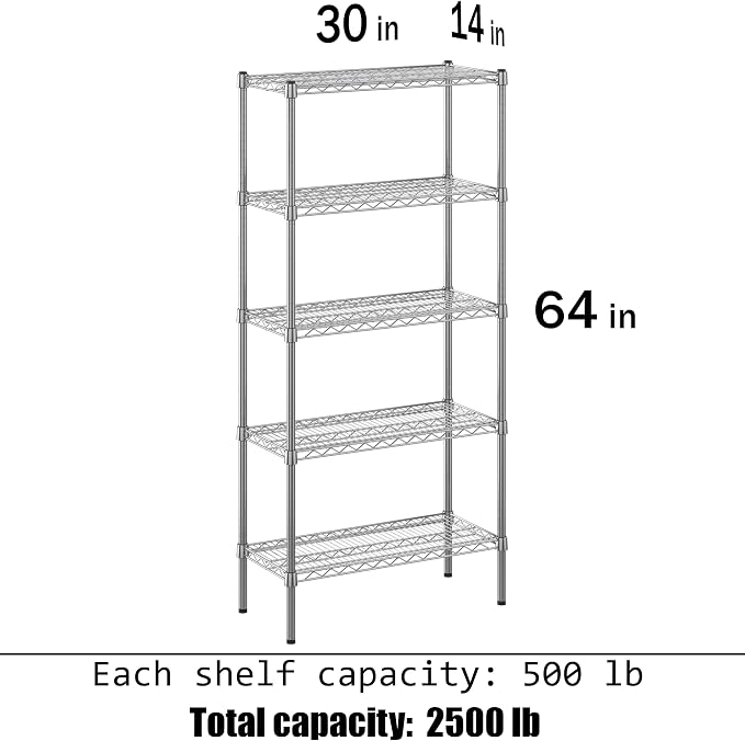14" Deep x 30" Wide x 64" Height Wire Shelving Kit | 5-Tier | NSF Commercial - Image 3