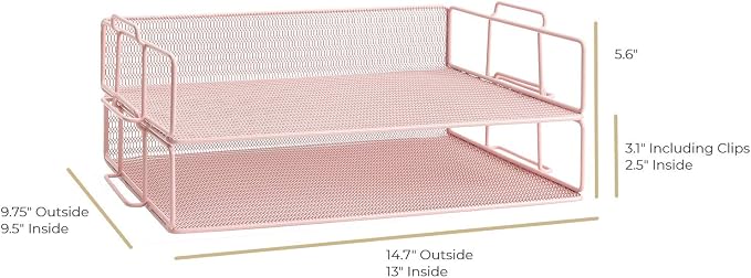 BLU MONACO Pink Mesh Paper Tray – Set of 2 Stackable Letter Trays – Durable - Image 6