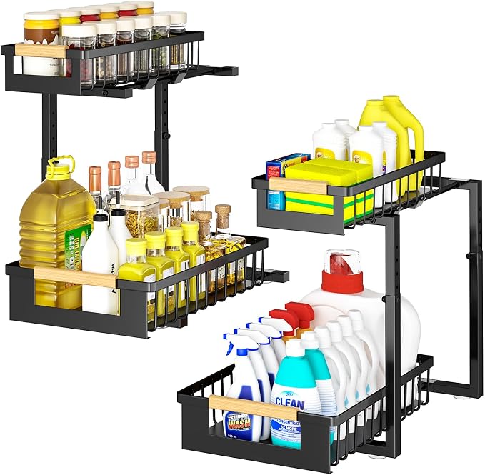 4 Pack L-Shape Under Sink Organizer, 2 Tier Pull Out Cabinet Organizer - Image 9