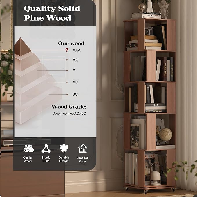 5 Tier Solid Wood Rotating Bookshelf Tower on Wheels, 360° Upgrade Spinning - Image 5