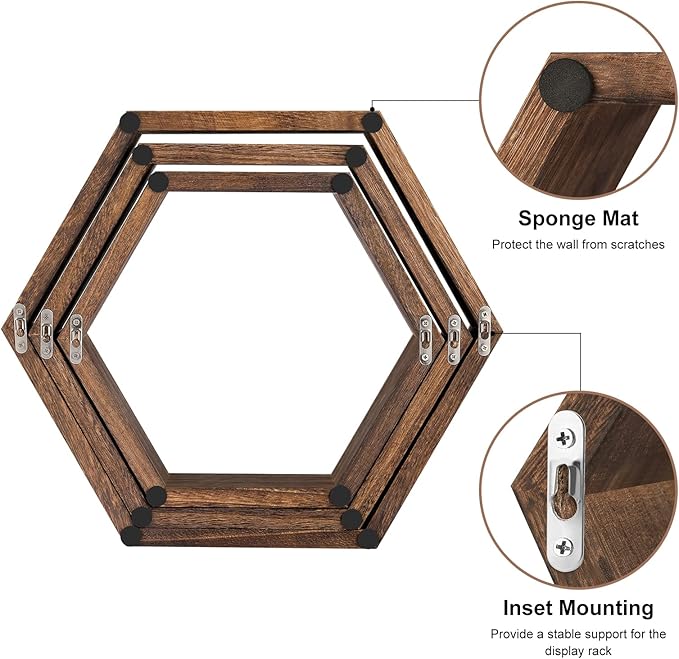 Hexagon Floating Shelves Set of 6 Farmhouse Honeycomb Wall Storage Shelf Wood - Image 5