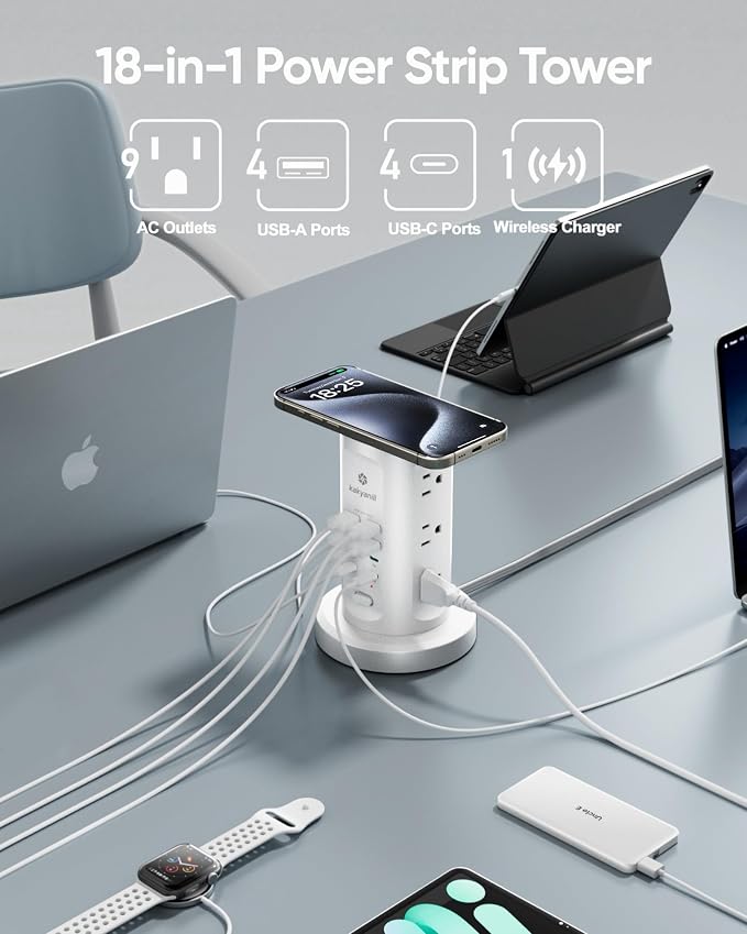 Kakyanill 115W USB Charging Station, Power Strip Tower, 9 AC Outlets - Image 2