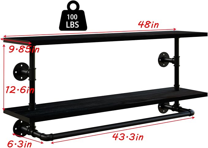 Black Clothes Rack 48in, 2-Tier Wall Mounted Garment Rack - Image 8