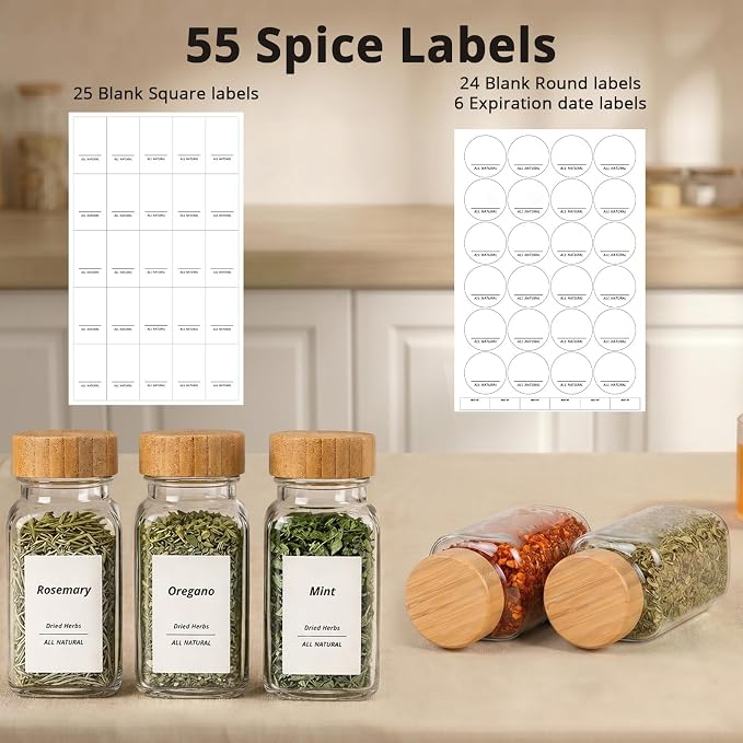 SHOWIN Spice Jars with Label, 6oz Spice Containers with Bamboo Lids 6pcs - Image 3