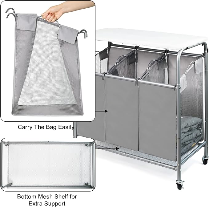 3 Bags Laundry Sorter Cart, Heavy Duty Rolling Laundry Hamper Sorter - Image 5