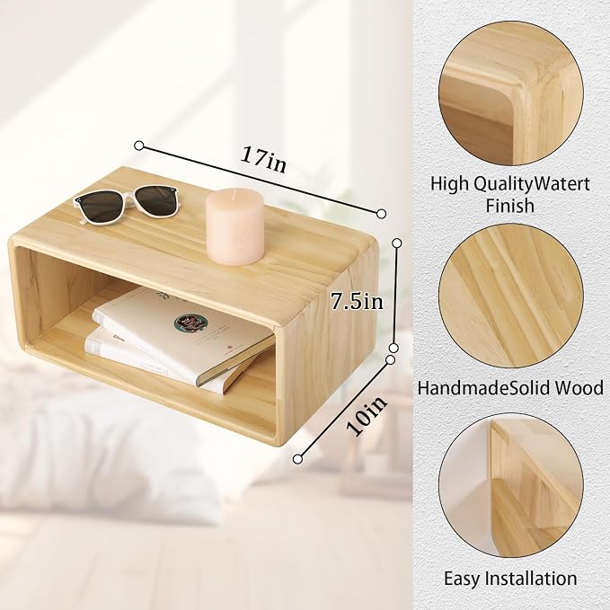 Floating Nightstand, Wall Mounted Bedside Table Wood Bedside Shelf Floating - Image 2