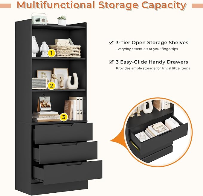 DICTAC Bookcase with 3 Drawers and Shelves 73.23'' Tall Bookshelf with Storage - Image 7