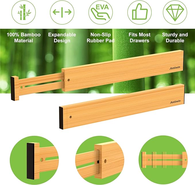 ANTOWIN Bamboo Drawer Dividers, Expandable Drawer Separators Splitter, 17-22 - Image 3