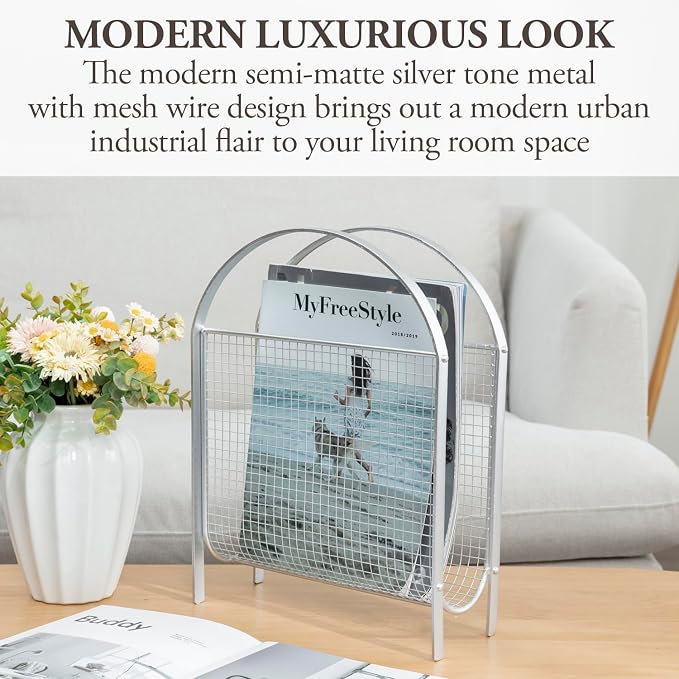 MyGift Mid-Century Design Magazine Rack, Matte Black Tone Metal Mesh - Image 2