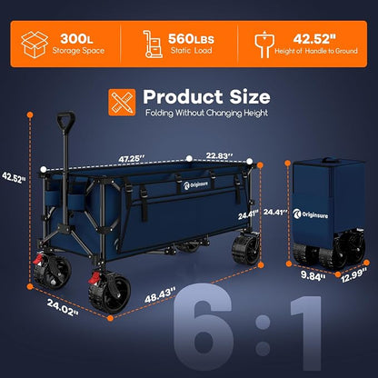 48" L Folding Beach Wagon Cart Foldable, 560lbs Weight Capacity 300L Heavy Duty - Image 2