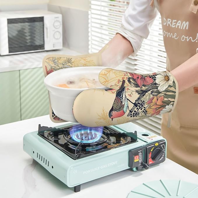 Bird Floral Oven Mitts and Pan Racks, Silicone Non-Slip Vintage Garden Bird - Image 6