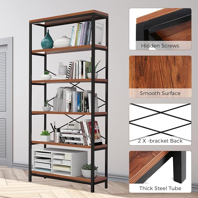 Himimi 6 Tier Industrial Bookshelf, Vintage Standing Storage Shelf, Display - Image 6
