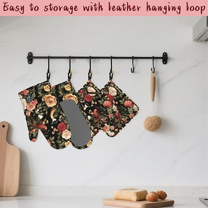 Vintage Rose Peony Floral Oven Mitts and Pot Holders, Bird Heat Resistant - Image 5