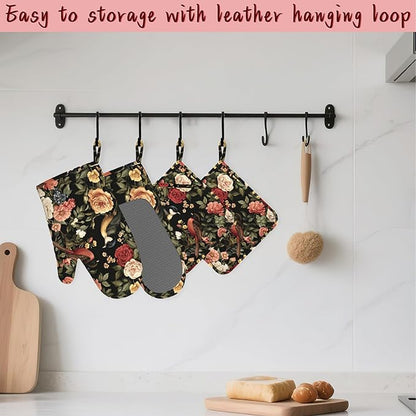 Vintage Rose Peony Floral Oven Mitts and Pot Holders, Bird Heat Resistant - Image 5