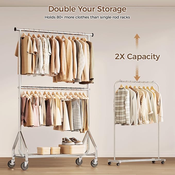 HYSEYY Heavy Duty Clothes Rack, Double Rod Clothing Rack - Image 2