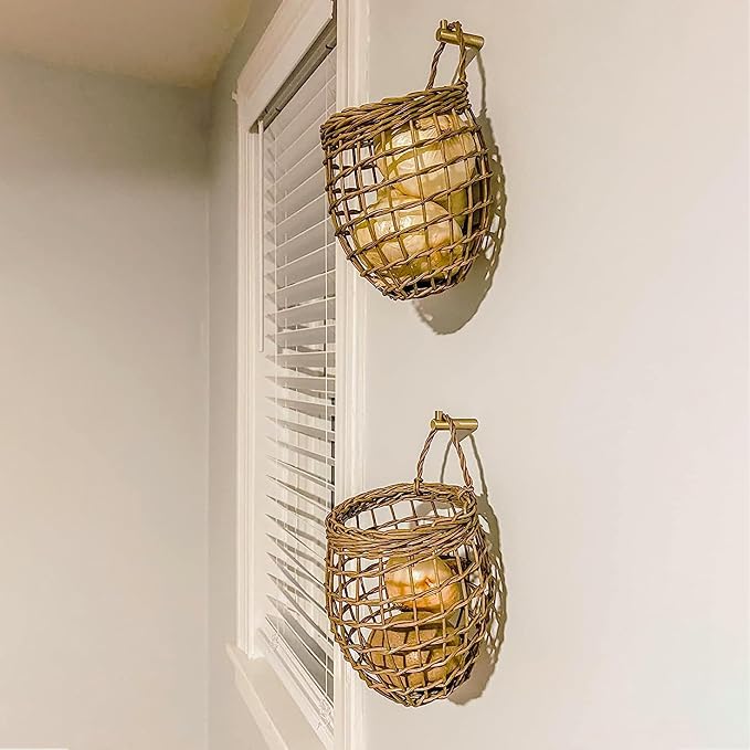 Elsjoy Set of 2 Hanging Onion Basket, Wall Mount Small Wicker Baskets - Image 7