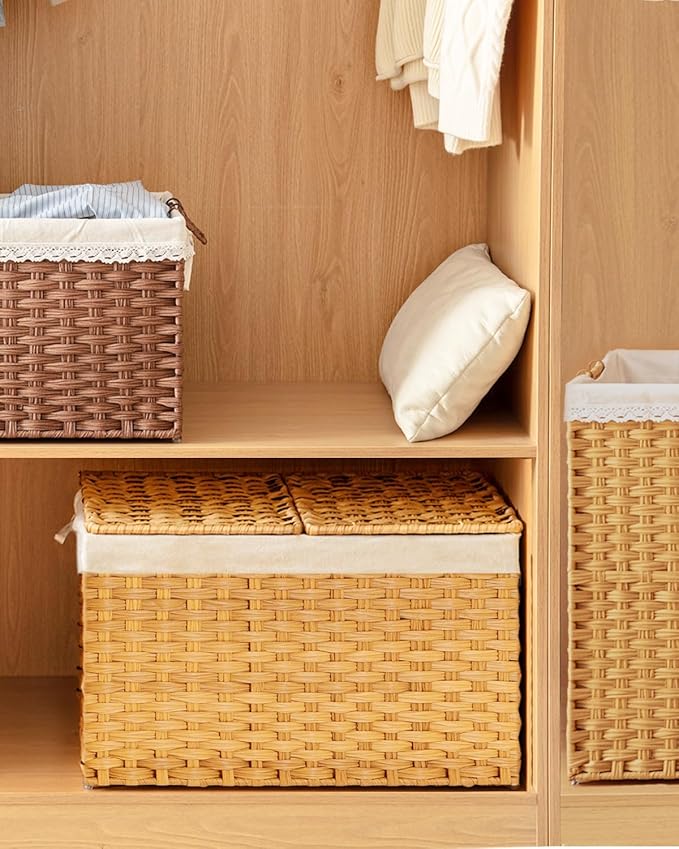SETVSON Storage Basket with Lid, 2-Lid PE Rattan Storage Bin, Natural | 160L - Image 7