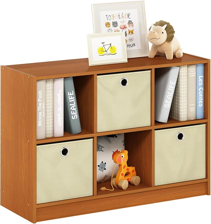 Furinno Basic 3x2 Bookcase Storage w/Bins, Light Cherry/Ivory - Image 6