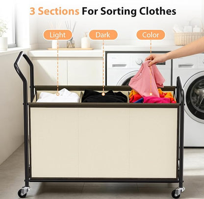 3-Section Rolling Laundry Hamper, 40 Gal Laundry Sorter Cart - Image 4
